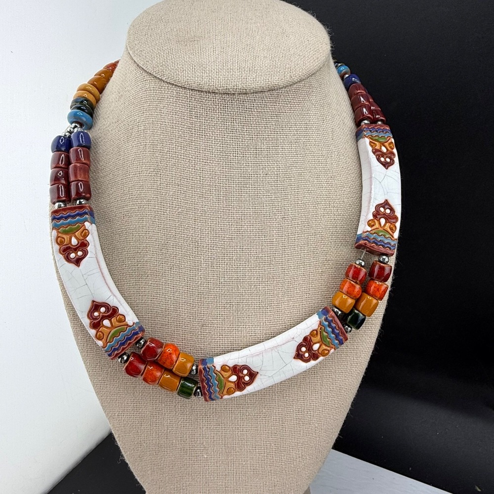 Vintage Estate Ceramic Beaded Necklace Multi-color Ethnic Tribal Signed 18"